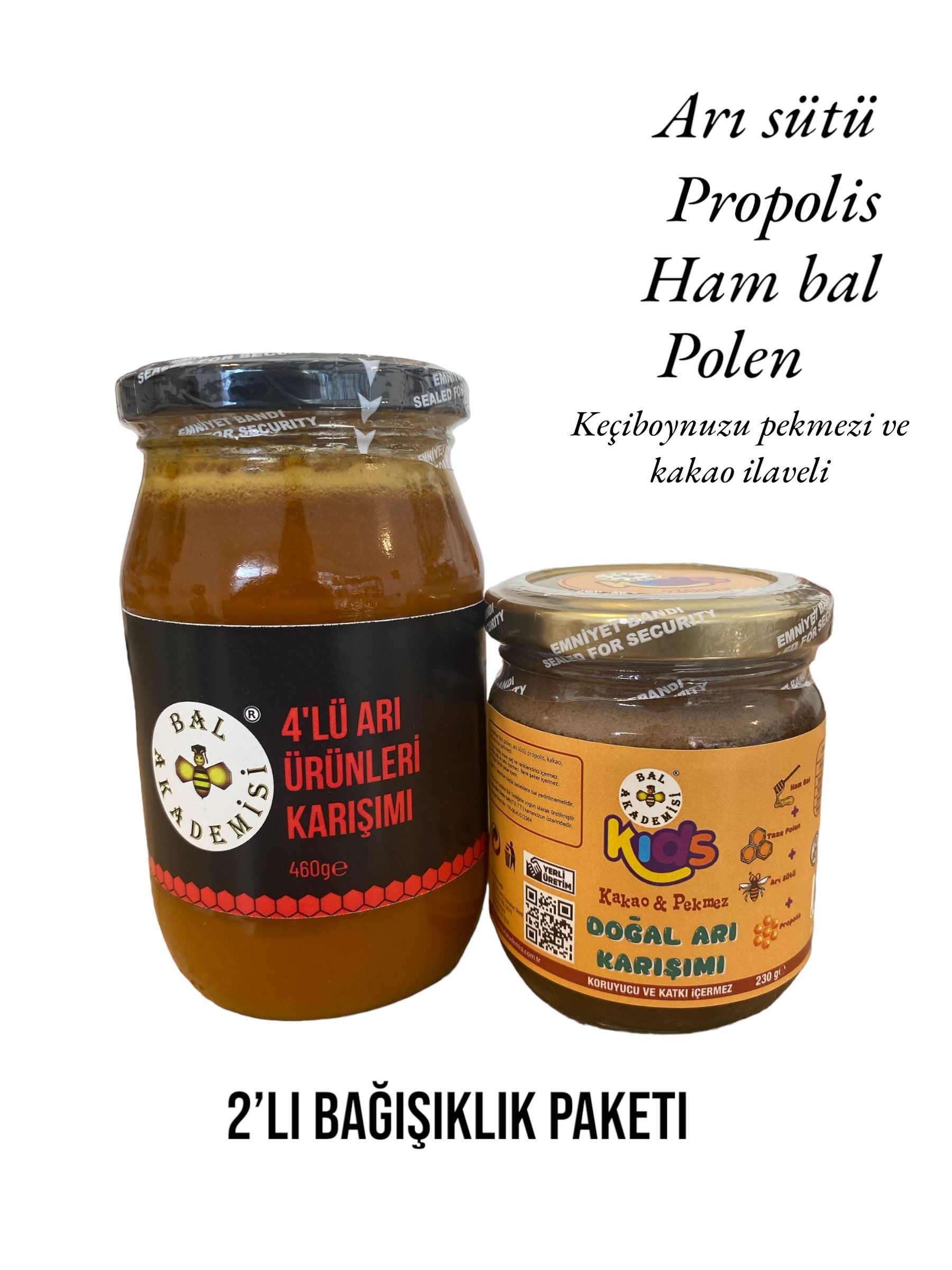 Katkısız Çocuk ve Yetişkin Bağışıklık Paketi (BAL,POLEN , PROPOLİS, ARI SÜTÜ ,KEÇİBOYNUZU PEKMEZİ VE KAKAO)